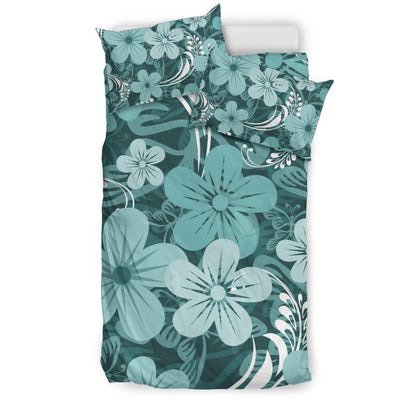 Light Green Teal Aloha Flowers Bedding Set