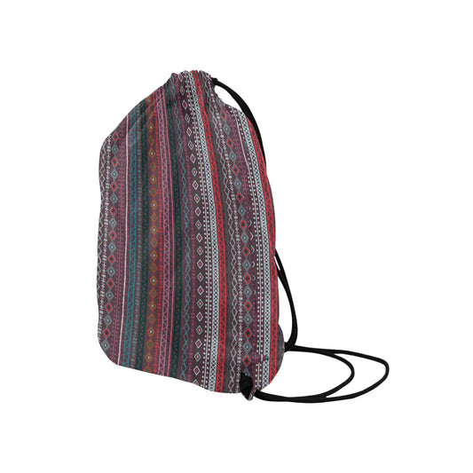 Red Boho Stripes Drawstring Bag