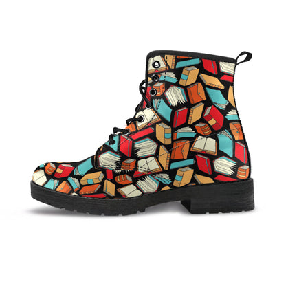 Book Lovers Pattern -  Boots, Fashion Combat Boots, Vegan Leather Boots, Custom Shoes, Custom Boots, Cool Shoes