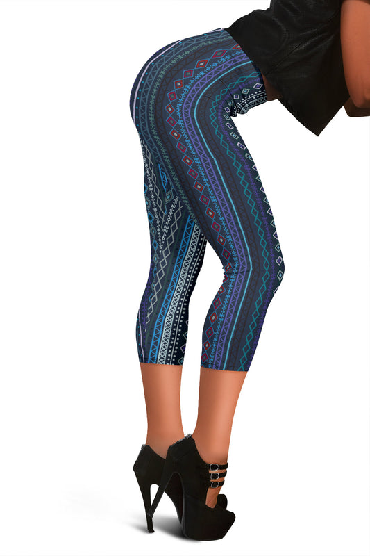 Blue Boho Stripes Capri Leggings