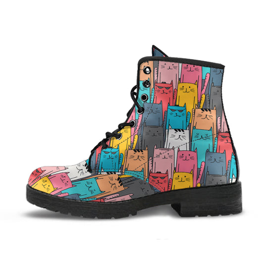 Cool Kitty Cats P1 - Vegan Leather Boots, Printed Custom Shoes, Women's Boots, Vegan Leather Combat Boots, Classic Boot, Lace Up Boot , Casual Boots Women