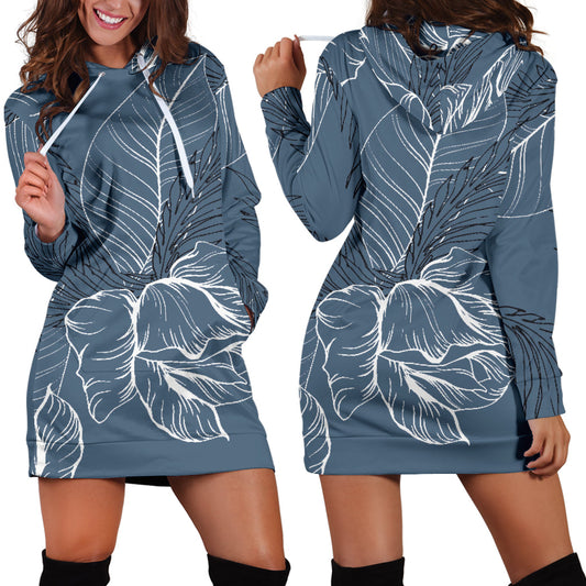 Grey Floral Outline Womens Hoodie Dress