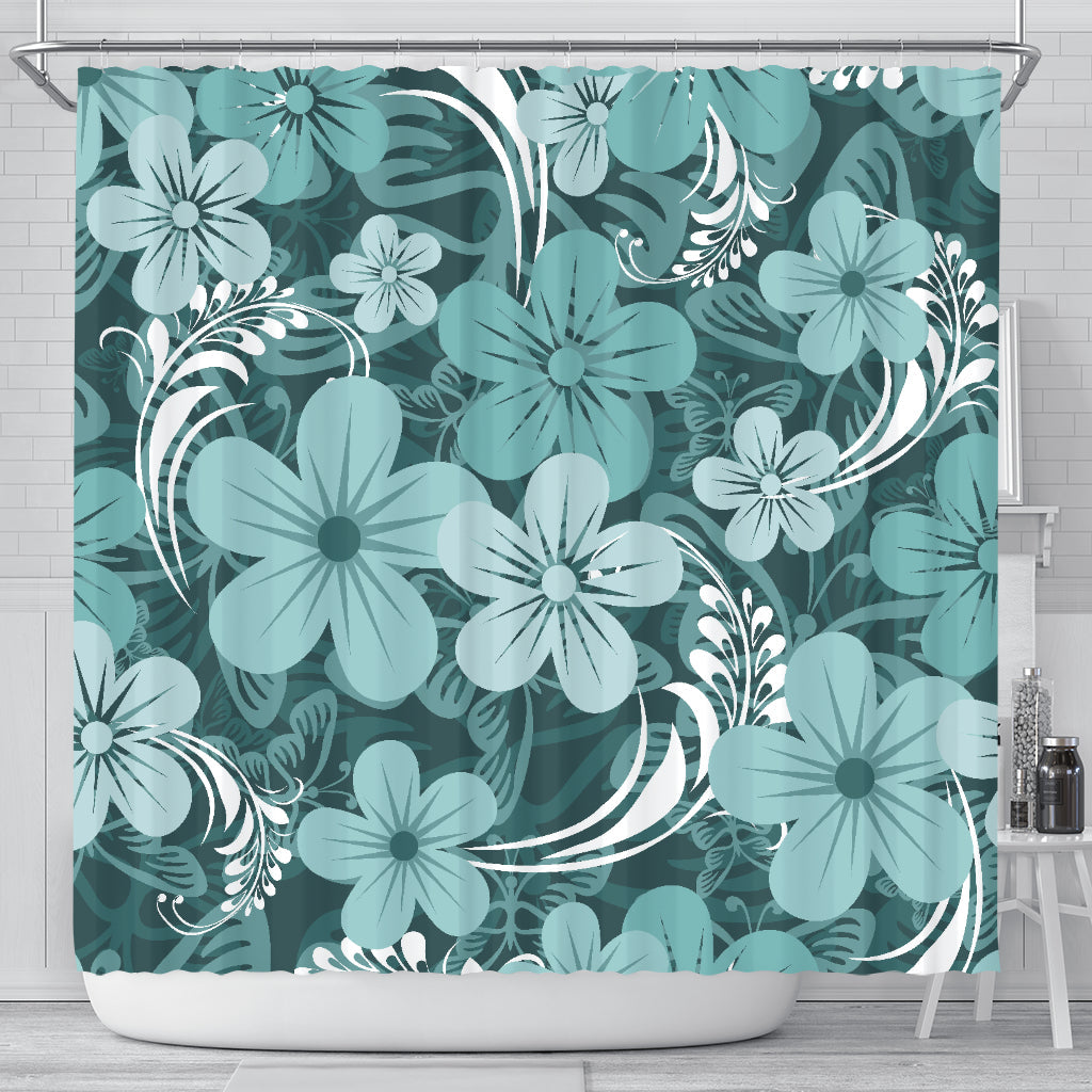 Teal Green Aloha Flowers Shower Curtain