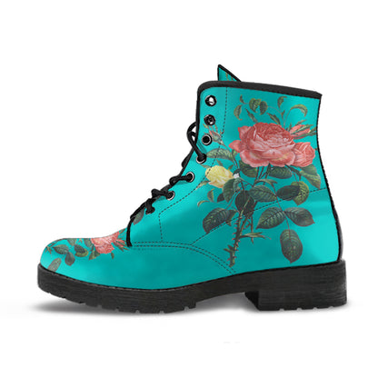 Blue Rose Floral Print Womens, Fashion Combat Boots, Vegan Leather Boots, Custom Shoes, Custom Boots, Cool Shoes