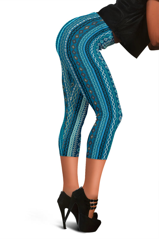 Light Green Teal Boho Stripes Capri Leggings