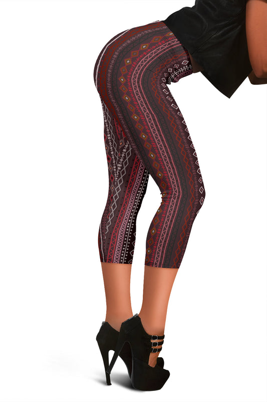 Red Boho Stripes Capri Leggings