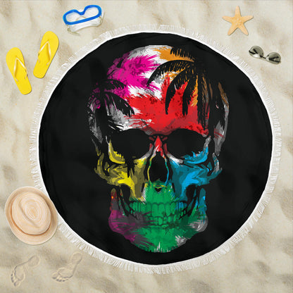 Colorful Tropical Skull Round Beach Blanket