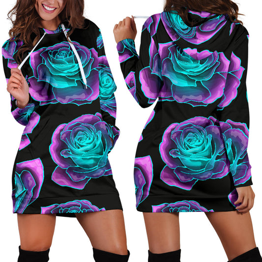 Neon Roses Womens Hoodie Dress