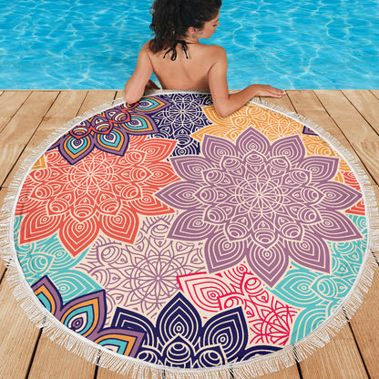 Colorful Floral Mandalas Round Beach Blanket