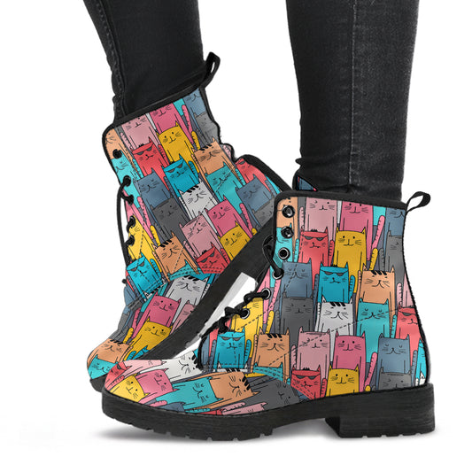Cool Kitty Cats P1 - Vegan Leather Boots, Printed Custom Shoes, Women's Boots, Vegan Leather Combat Boots, Classic Boot, Lace Up Boot , Casual Boots Women