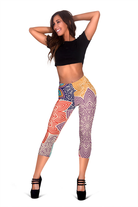 Colorful Floral Mandalas Capri Leggings