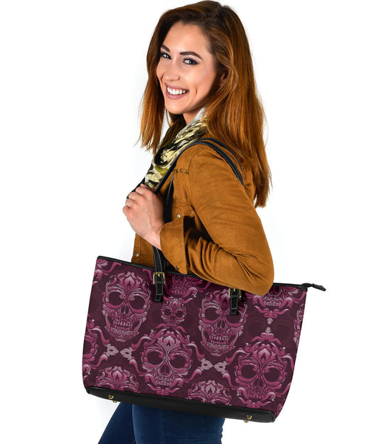 Pink Skulls Leather Tote Bag