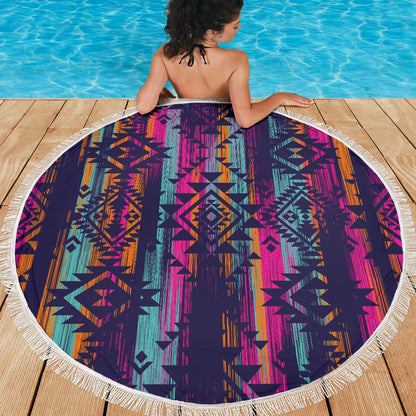 Colorful Boho Aztec Streaks Round Beach Blanket