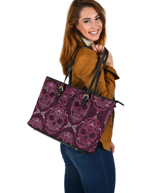 Pink Skulls Leather Tote Bag
