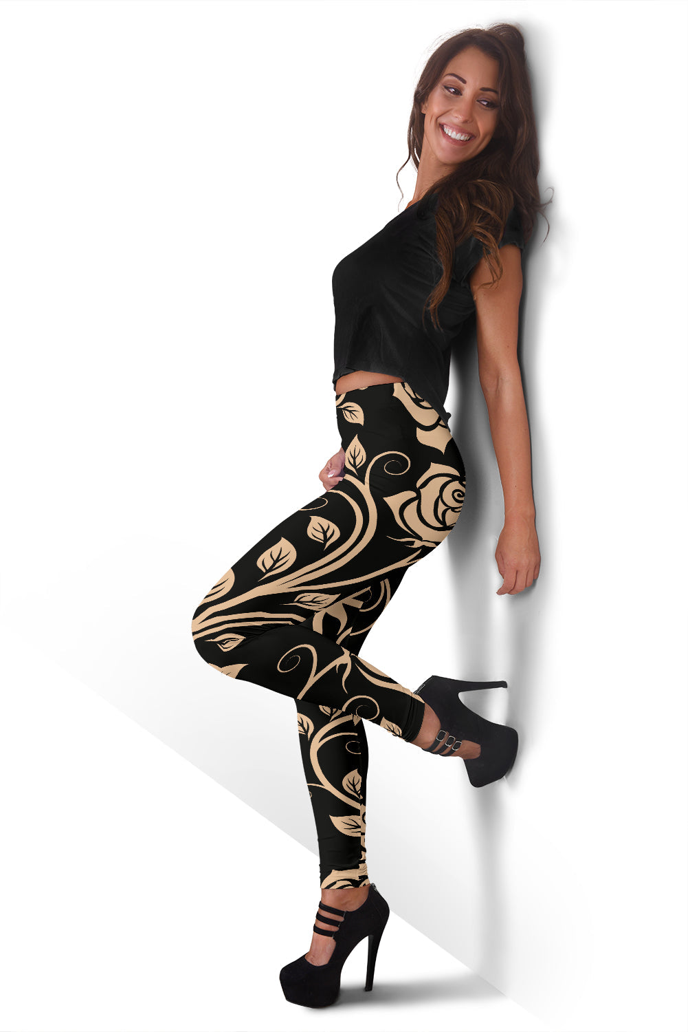 Tan Roses Decor Leggings