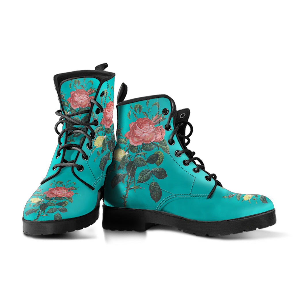 Blue Rose Floral Print Womens, Fashion Combat Boots, Vegan Leather Boots, Custom Shoes, Custom Boots, Cool Shoes