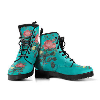 Blue Rose Floral Print Womens, Fashion Combat Boots, Vegan Leather Boots, Custom Shoes, Custom Boots, Cool Shoes