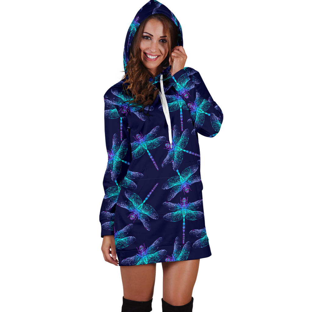 Purple Navy Dragonflies Womens Hoodie Dress