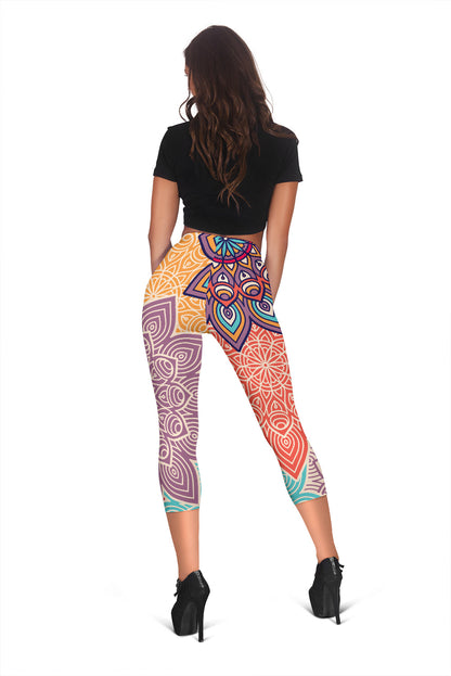 Colorful Floral Mandalas Capri Leggings