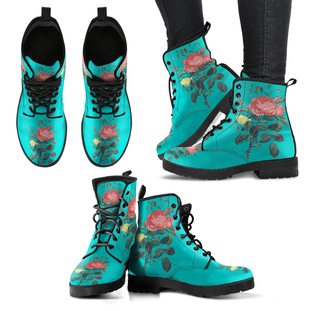 Blue Rose Floral Print Womens, Fashion Combat Boots, Vegan Leather Boots, Custom Shoes, Custom Boots, Cool Shoes