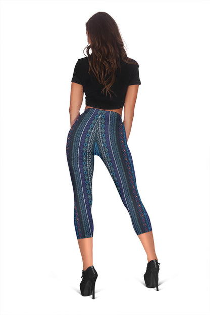 Blue Boho Stripes Capri Leggings