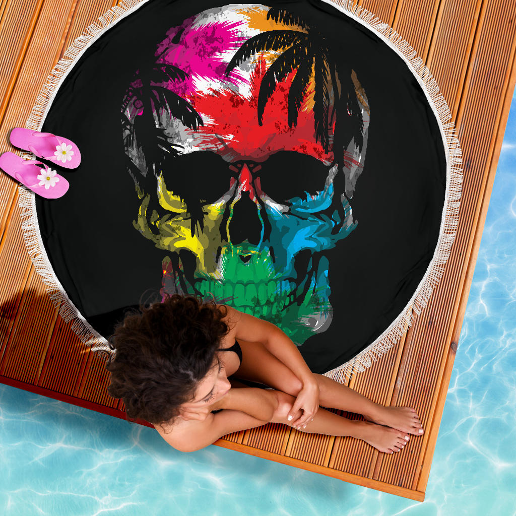 Colorful Tropical Skull Round Beach Blanket