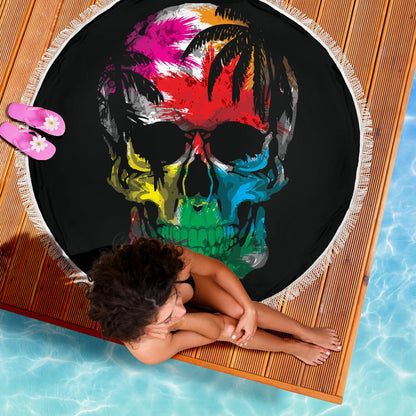 Colorful Tropical Skull Round Beach Blanket