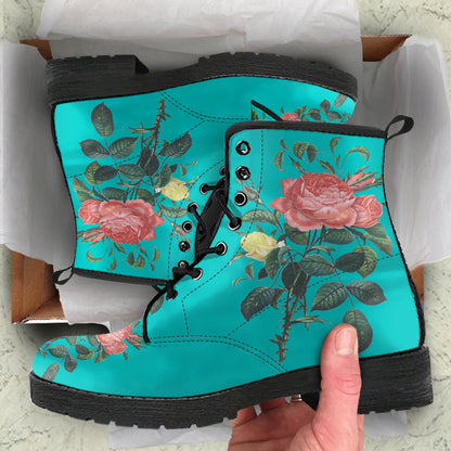 Blue Rose Floral Print Womens, Fashion Combat Boots, Vegan Leather Boots, Custom Shoes, Custom Boots, Cool Shoes
