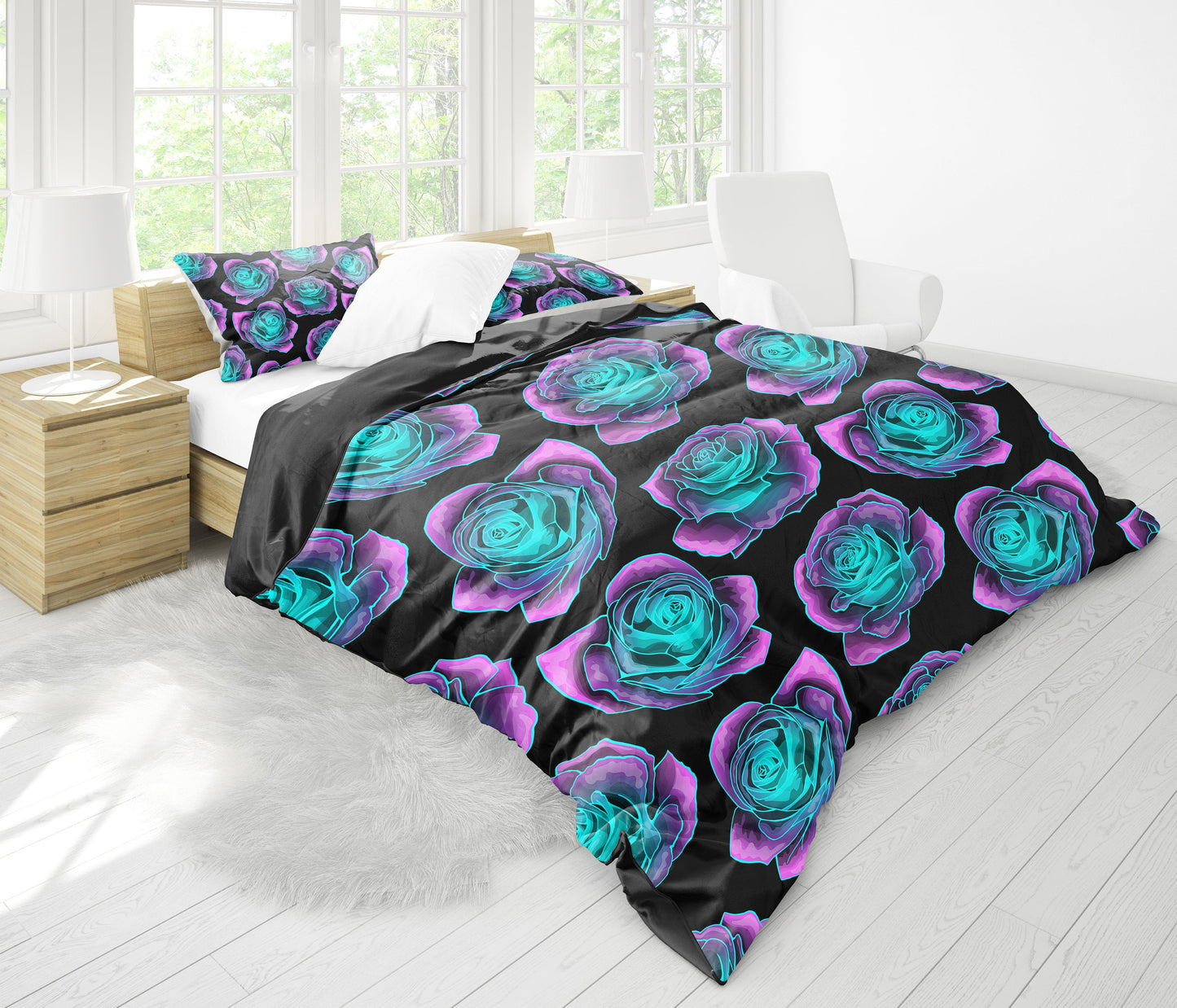 Neon Pink Roses Bedding Set