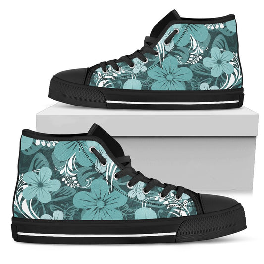 Light Green Teal Aloha Flowers High Top Shoes