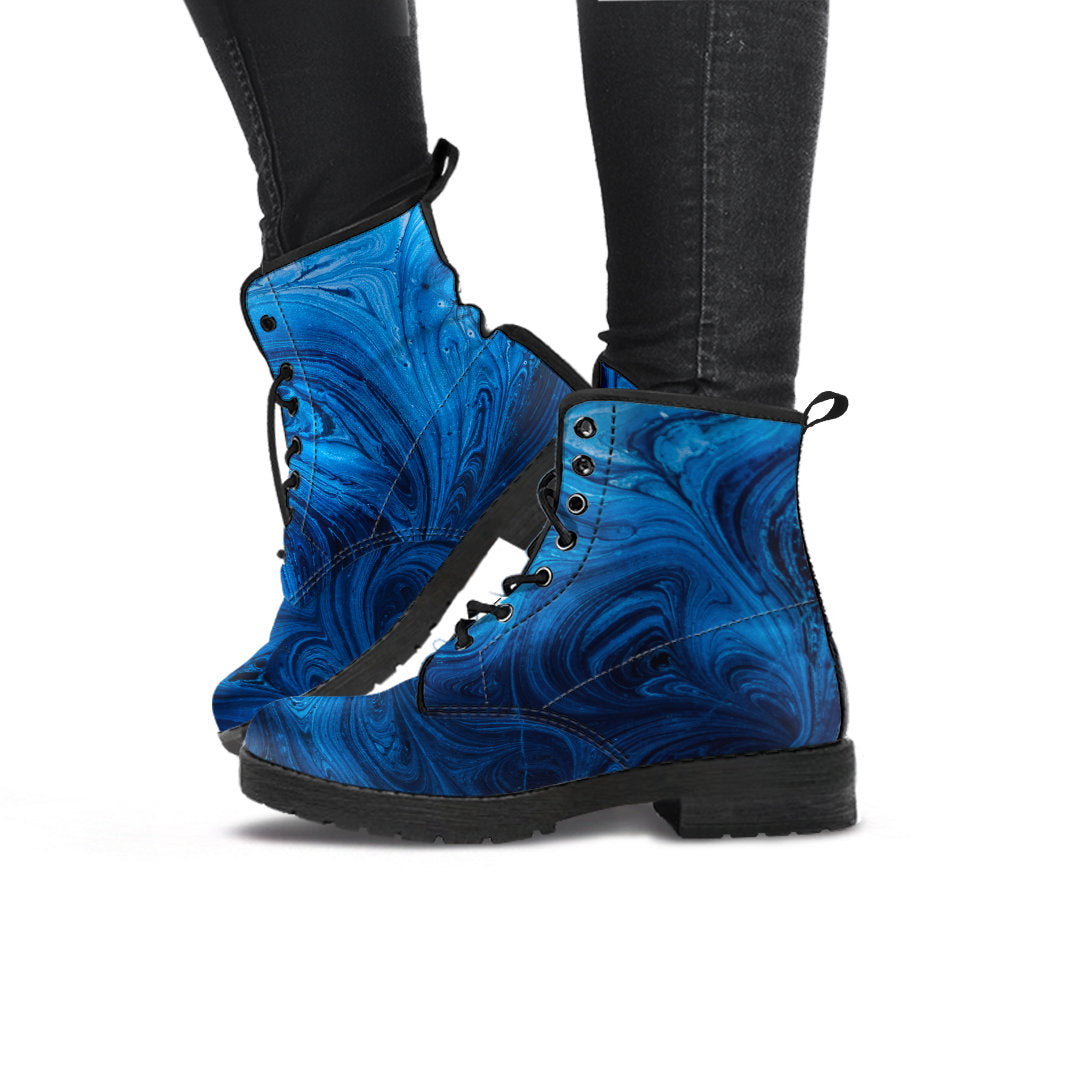 Blue Abstract Swirls Womens Boots, Fashion Combat Boots, Vegan Leather Boots, Custom Shoes, Custom Boots, Cool Shoes