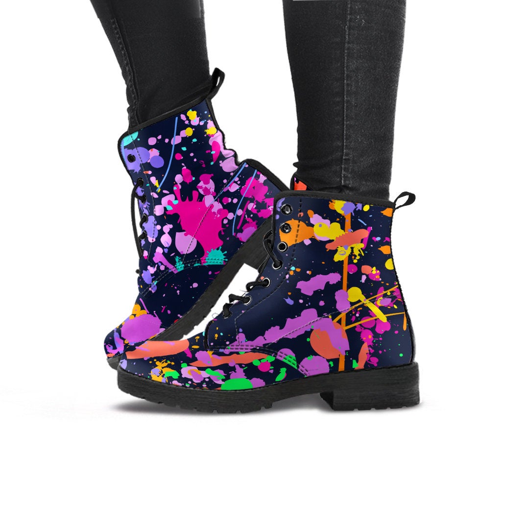 Colorful Paint Drip Abstract Art Womens Boots, Fashion Combat Boots, Vegan Leather Boots, Custom Shoes, Custom Boots, Cool Shoes