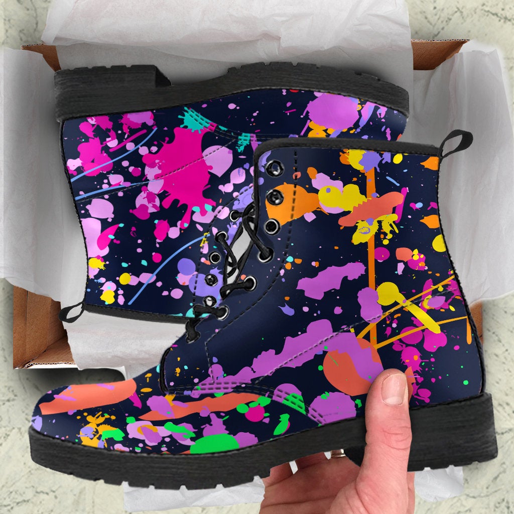 Colorful Paint Drip Abstract Art Womens Boots, Fashion Combat Boots, Vegan Leather Boots, Custom Shoes, Custom Boots, Cool Shoes