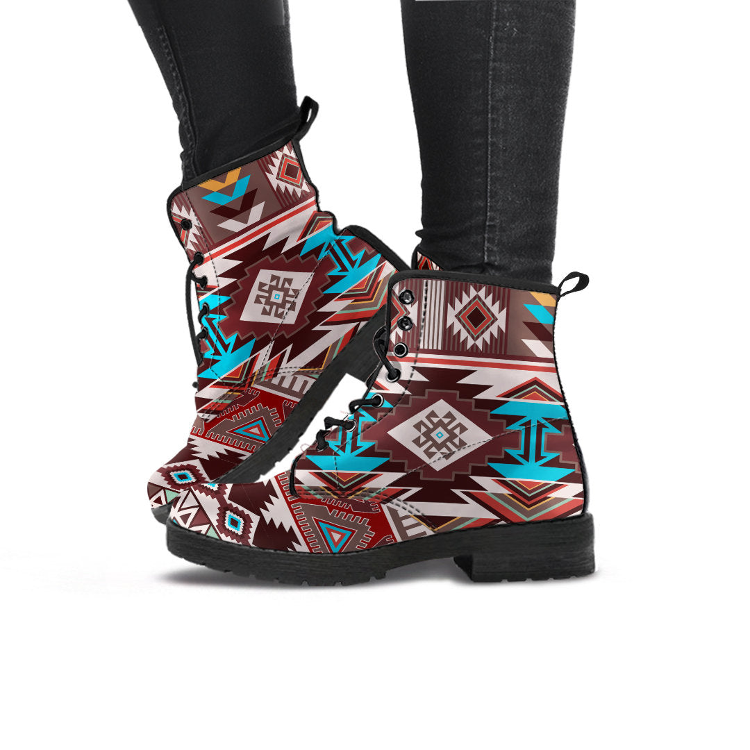 Brown Boho Aztec Womens Boots, Fashion Combat Boots, Vegan Leather Boots, Custom Shoes, Custom Boots, Cool Shoes