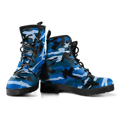 Blue Abstract Camouflage Womens Boots, Fashion Combat Boots, Vegan Leather Boots, Custom Shoes, Custom Boots, Cool Shoes