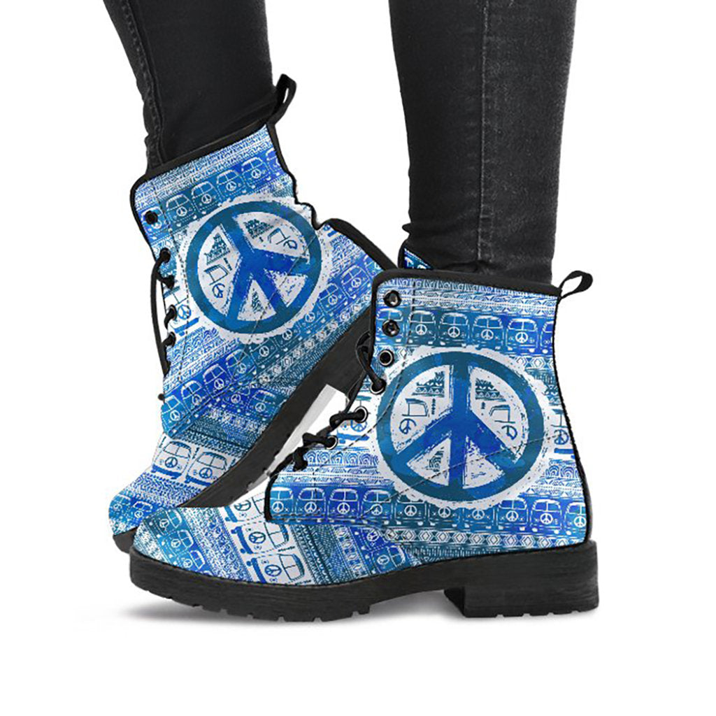 Blue Peace Sign Hippie Womens Boots, Fashion Combat Boots, Vegan Leather Boots, Custom Shoes, Custom Boots, Cool Shoes