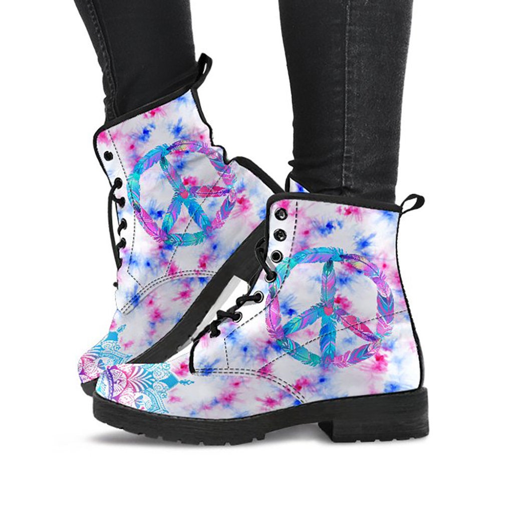 White printed boots with pink blue tie-dye and turquoise peace sign artwork