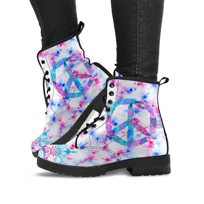 White printed boots with pink blue tie-dye and turquoise peace sign artwork