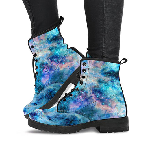 Blue Green Abstract Galaxy Universe Womens Boots, Fashion Combat Boots, Vegan Leather Boots, Custom Shoes, Custom Boots, Cool Shoes
