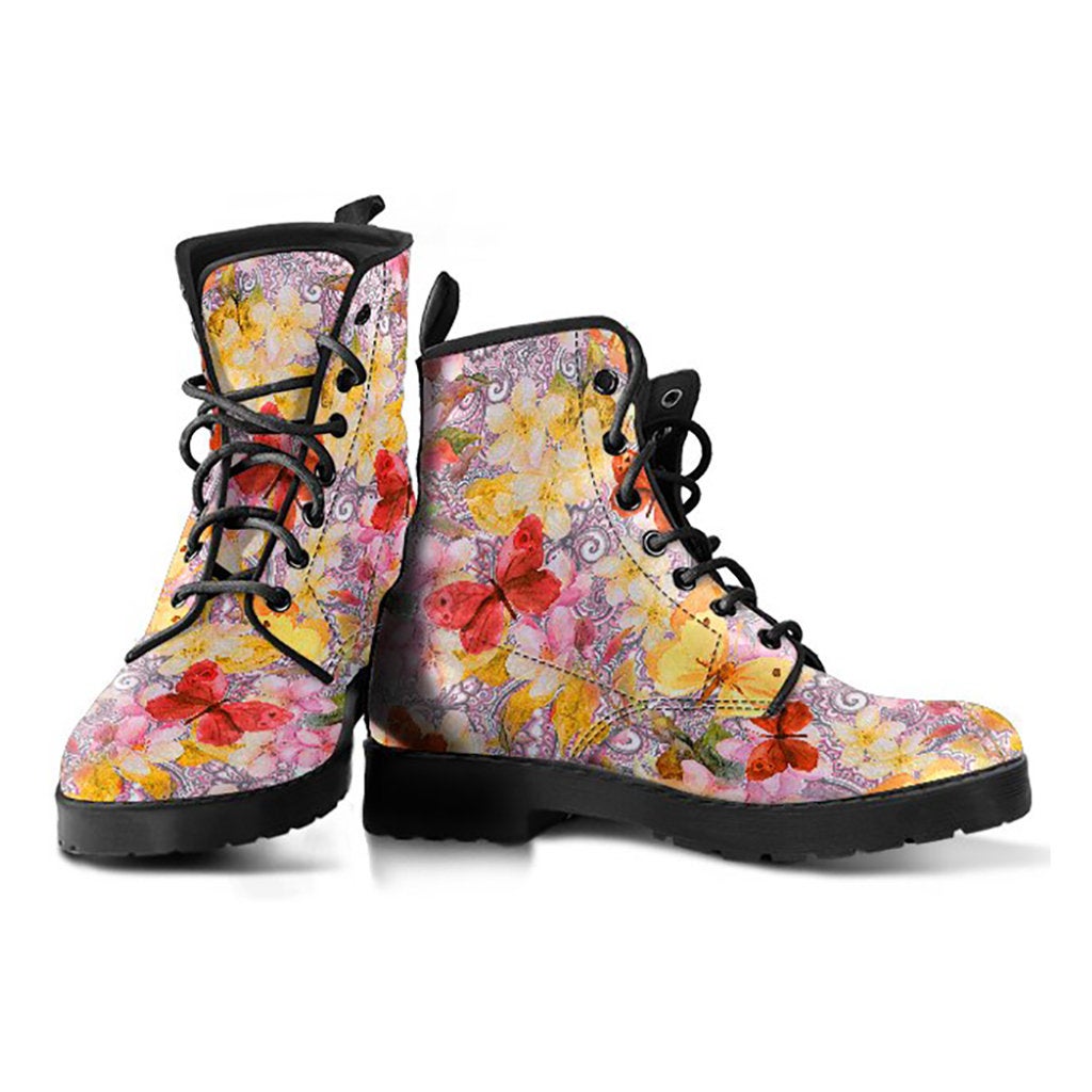 Colorful Watercolor Butterfly Womens Boots, Fashion Combat Boots, Vegan Leather Boots, Custom Shoes, Custom Boots, Cool Shoes