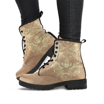 Brown Boho Wolf Womens Boots, Fashion Combat Boots, Vegan Leather Boots, Custom Shoes, Custom Boots, Cool Shoes