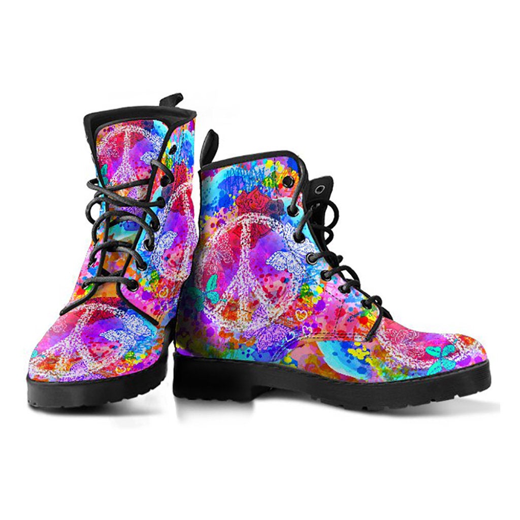 Colorful Peace Sign Hippie Womens Boots, Fashion Combat Boots, Vegan Leather Boots, Custom Shoes, Custom Boots, Cool Shoes