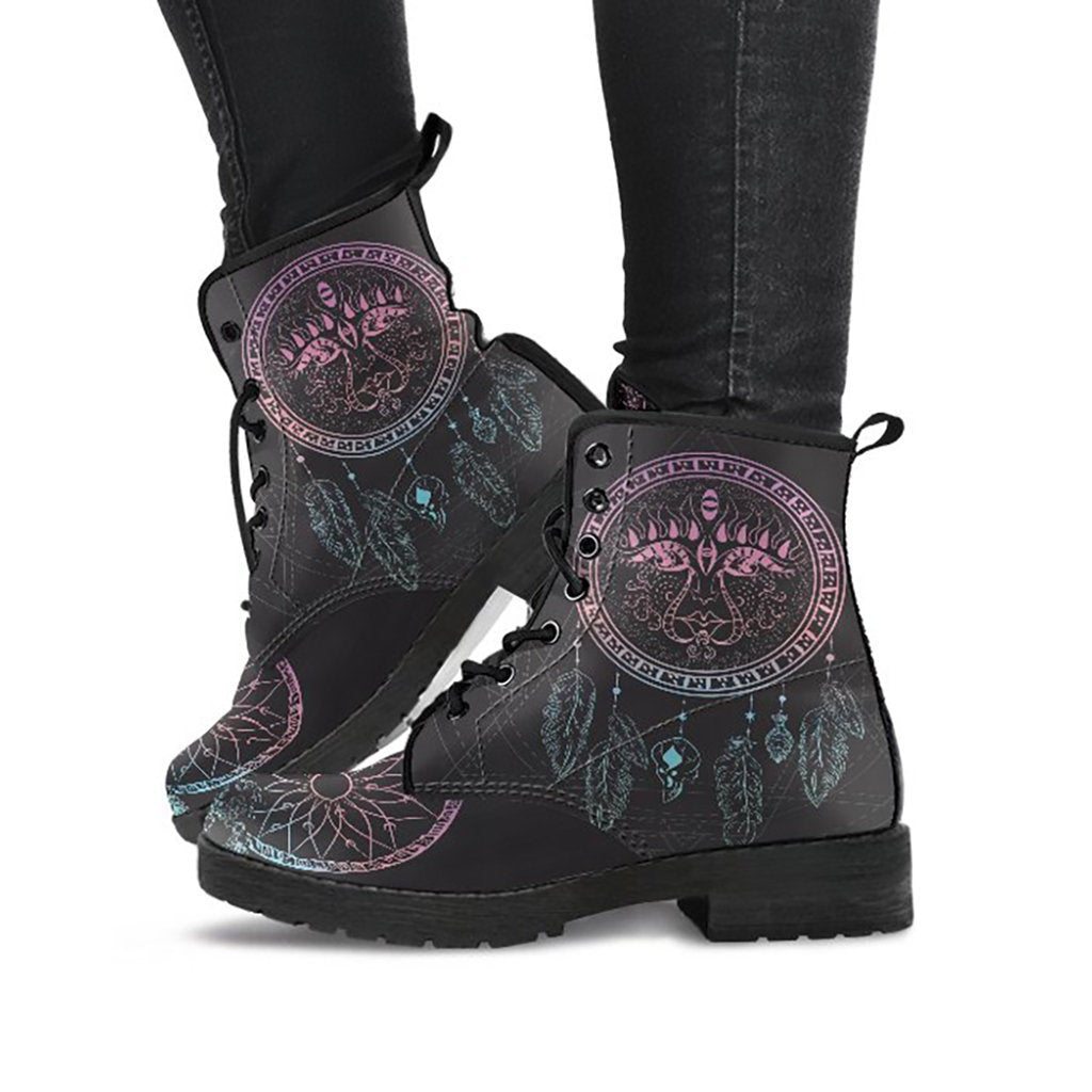 Boho Sun Dream Catcher Mandala Womens Boots, Fashion Combat Boots, Vegan Leather Boots, Custom Shoes, Custom Boots, Cool Shoes