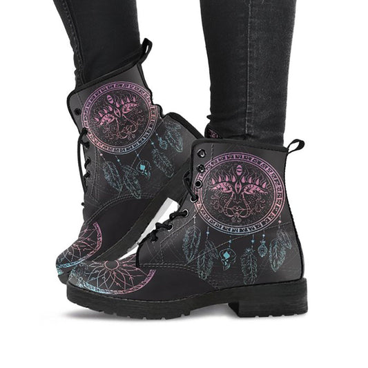 Boho Sun Dream Catcher Mandala Womens Boots, Fashion Combat Boots, Vegan Leather Boots, Custom Shoes, Custom Boots, Cool Shoes