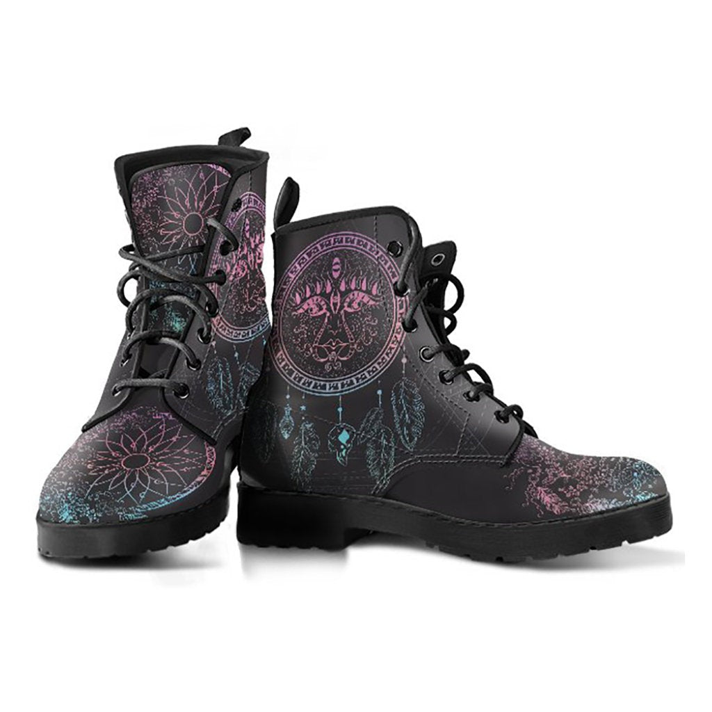 Boho Sun Dream Catcher Mandala Womens Boots, Fashion Combat Boots, Vegan Leather Boots, Custom Shoes, Custom Boots, Cool Shoes