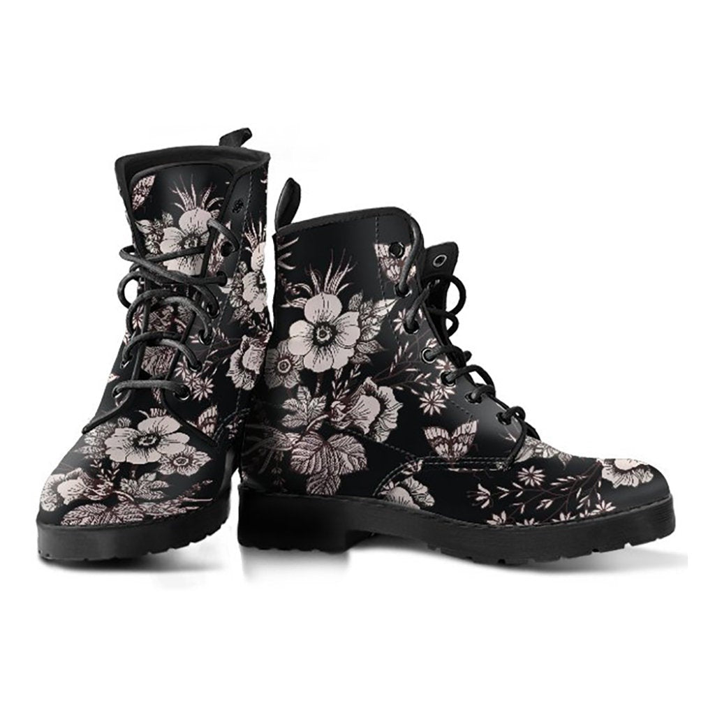 Black & White Flowers Womens Boots Fashion Combat Boots, Vegan Leather Boots, Custom Shoes, Custom Boots, Cool Shoes
