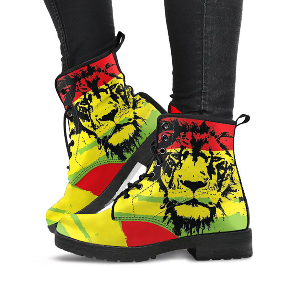 Colorful Rasta Lion Womens Boots, Fashion Combat Boots, Vegan Leather Boots, Custom Shoes, Custom Boots, Cool Shoes