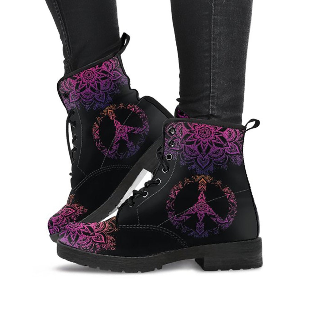 Dark Peace Sign Mandala Womens Boots, Womans Combat boots, Boho Hippie Boots