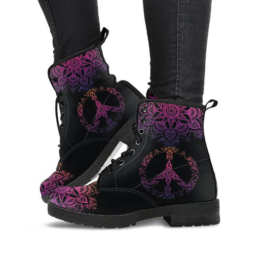 Dark Peace Sign Mandala Womens Boots, Womans Combat boots, Boho Hippie Boots