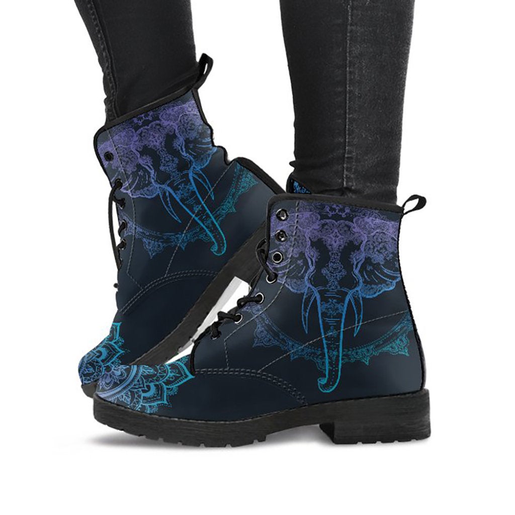 Blue Spiritual Elephant Mandala Womens Boots, Fashion Combat Boots, Vegan Leather Boots, Custom Shoes, Custom Boots, Cool Shoes